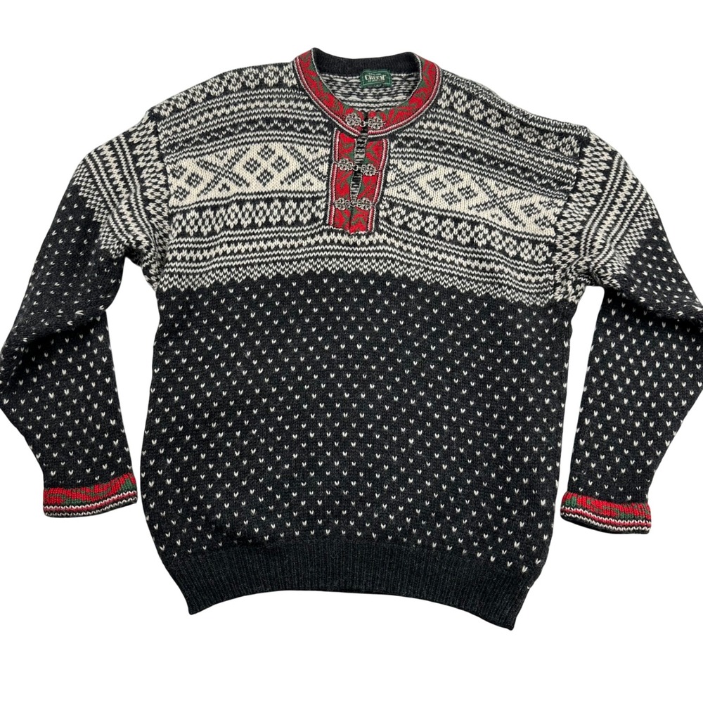 Original Creem by Adelsten Mens L 100% Wool Nordic Fair Isle Sweater Metal Clasp